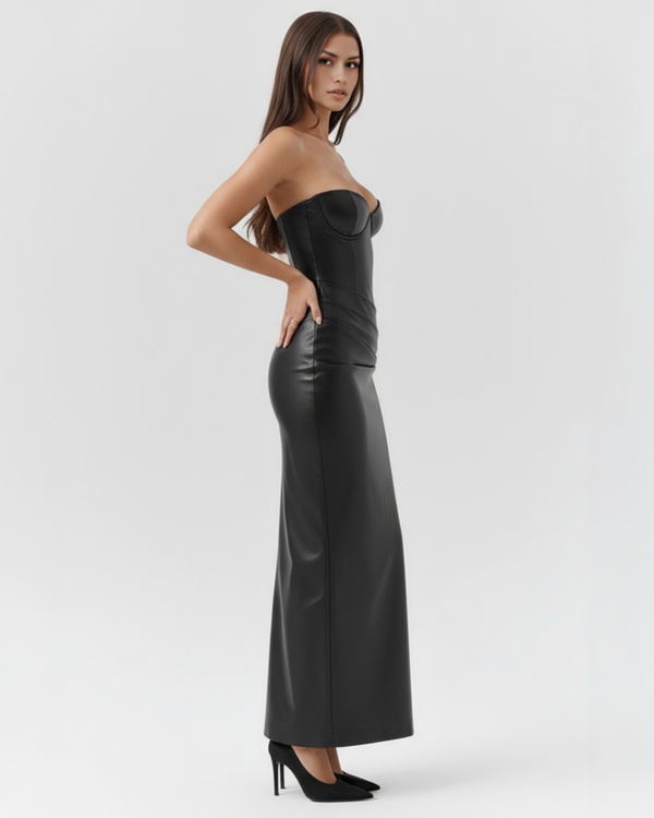 VANARA – SCULPTED STRAPLESS CORSET MIDI DRESS
