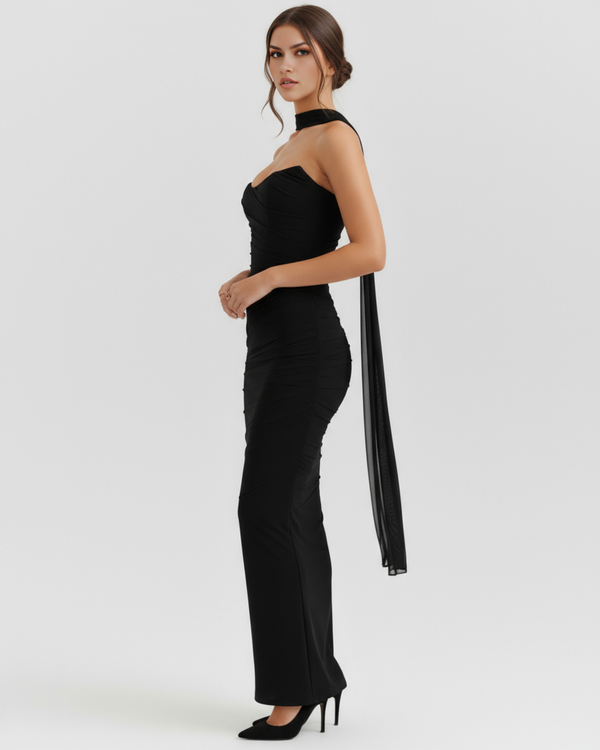 MALARA – SCULPTED CORSET MAXI DRESS WITH NECK DETAIL
