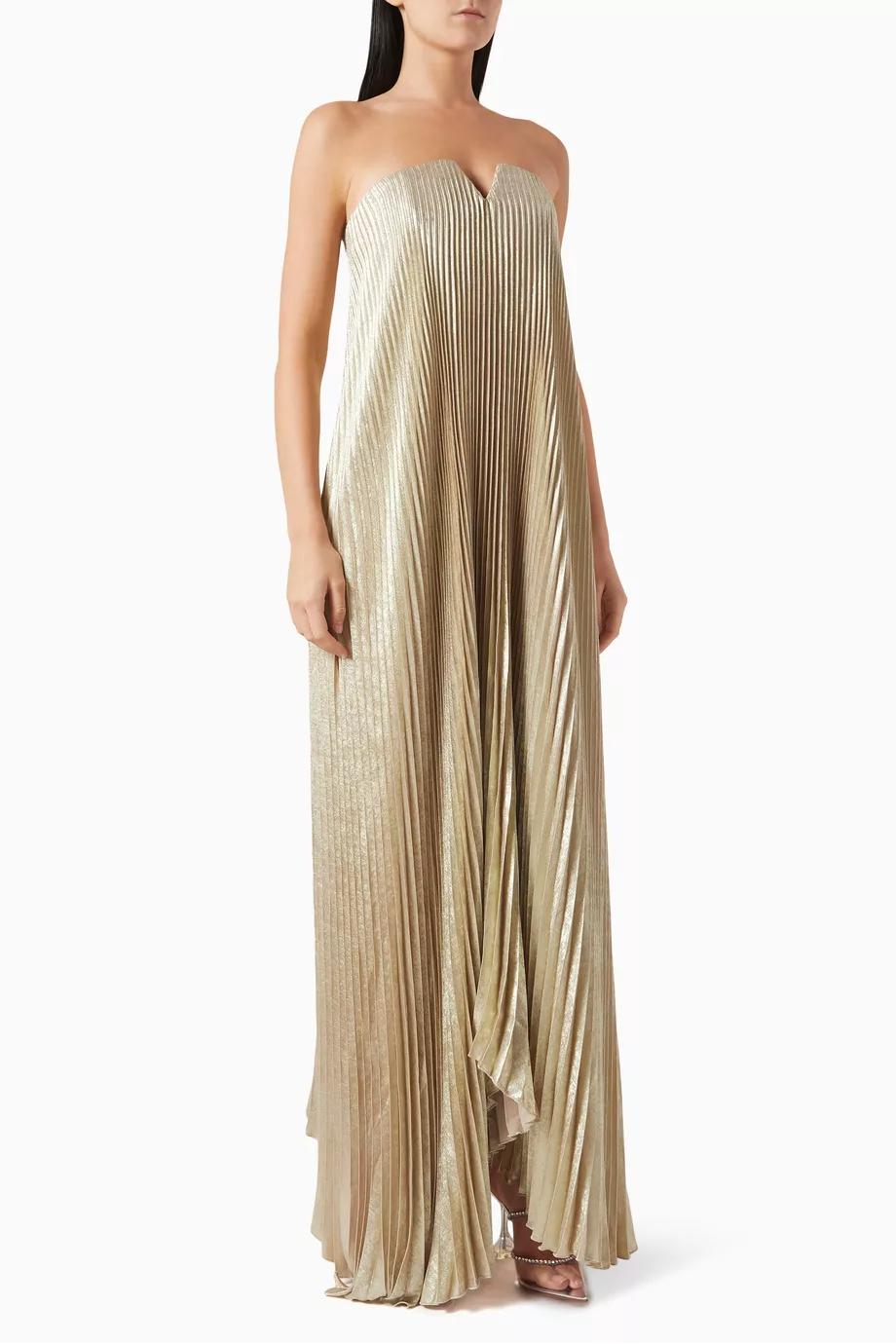 Celestia trägerloses, plissiertes Abendkleid – Goldene Eleganz