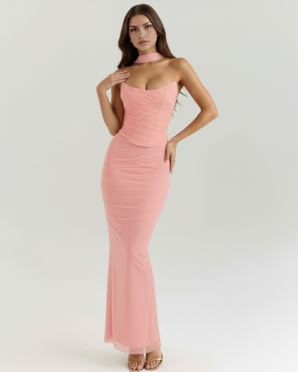 MALARA – SCULPTED CORSET MAXI DRESS WITH NECK DETAIL