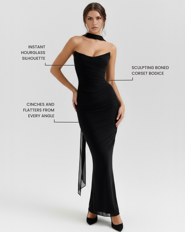 MALARA – SCULPTED CORSET MAXI DRESS WITH NECK DETAIL