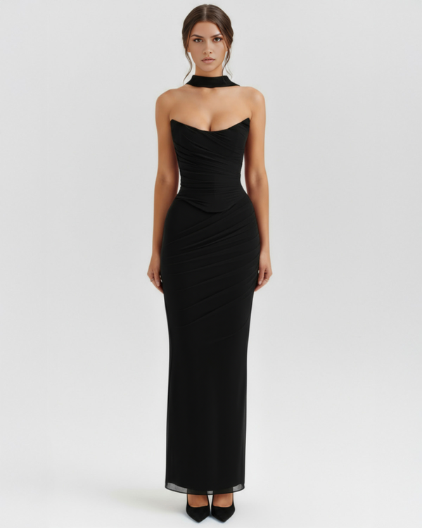 MALARA – SCULPTED CORSET MAXI DRESS WITH NECK DETAIL