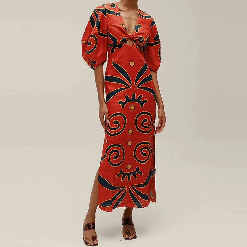 Riviera Stripes Maxikleid mit Puffärmeln