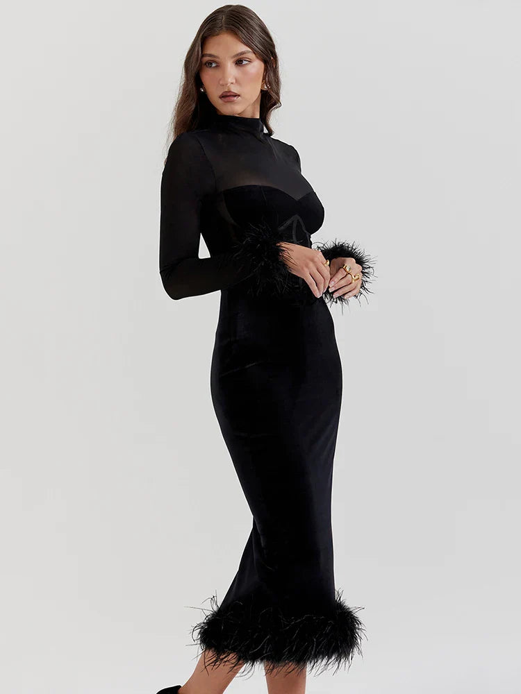 Lyriane | Feather-Trim Sheer Elegance Midi Dress
