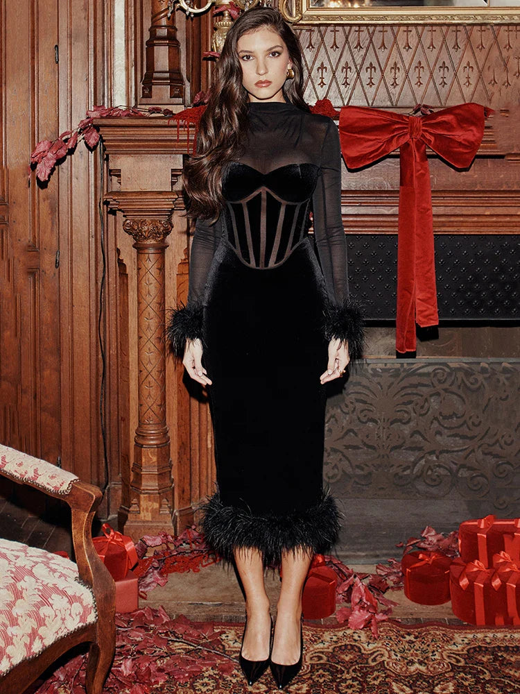 Lyriane | Feather-Trim Sheer Elegance Midi Dress