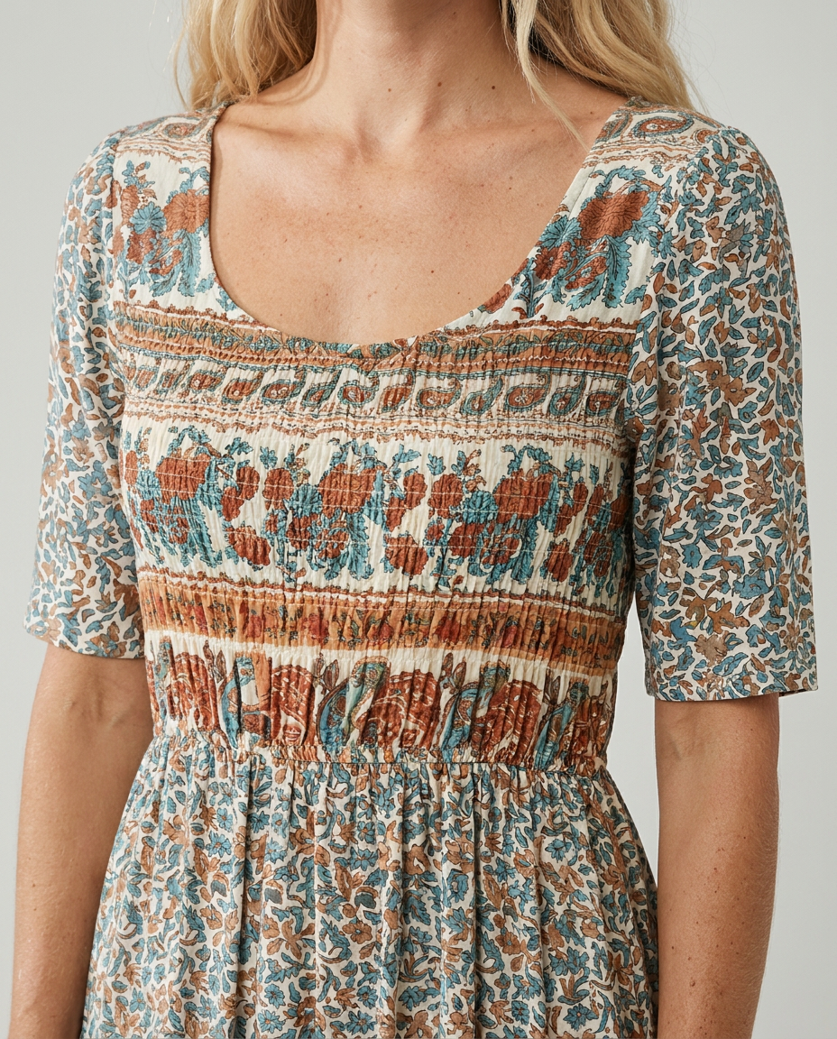 MARIA | Robe midi imprimée bohème avec couverture ventre élégante