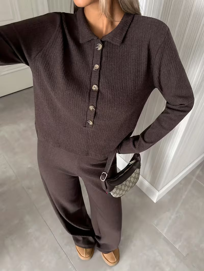 Elara Ribbed Lounge Set – Button Top & Wide-Leg Pants