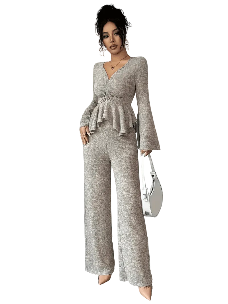 Aria Peplum Set – Ruched Top & Wide-Leg Pants