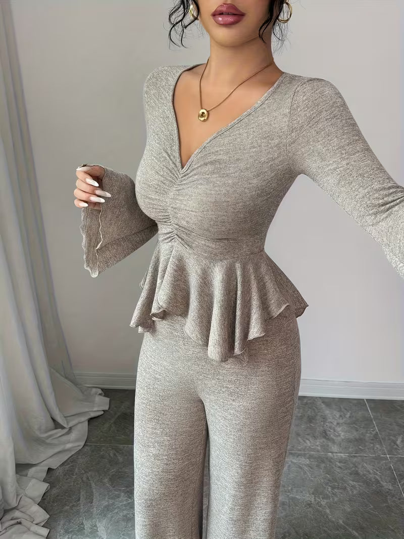 Aria Peplum Set – Ruched Top & Wide-Leg Pants