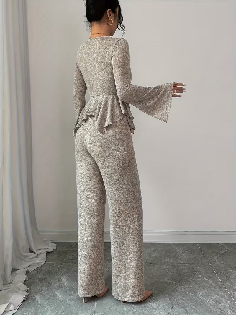 Aria Peplum Set – Ruched Top & Wide-Leg Pants