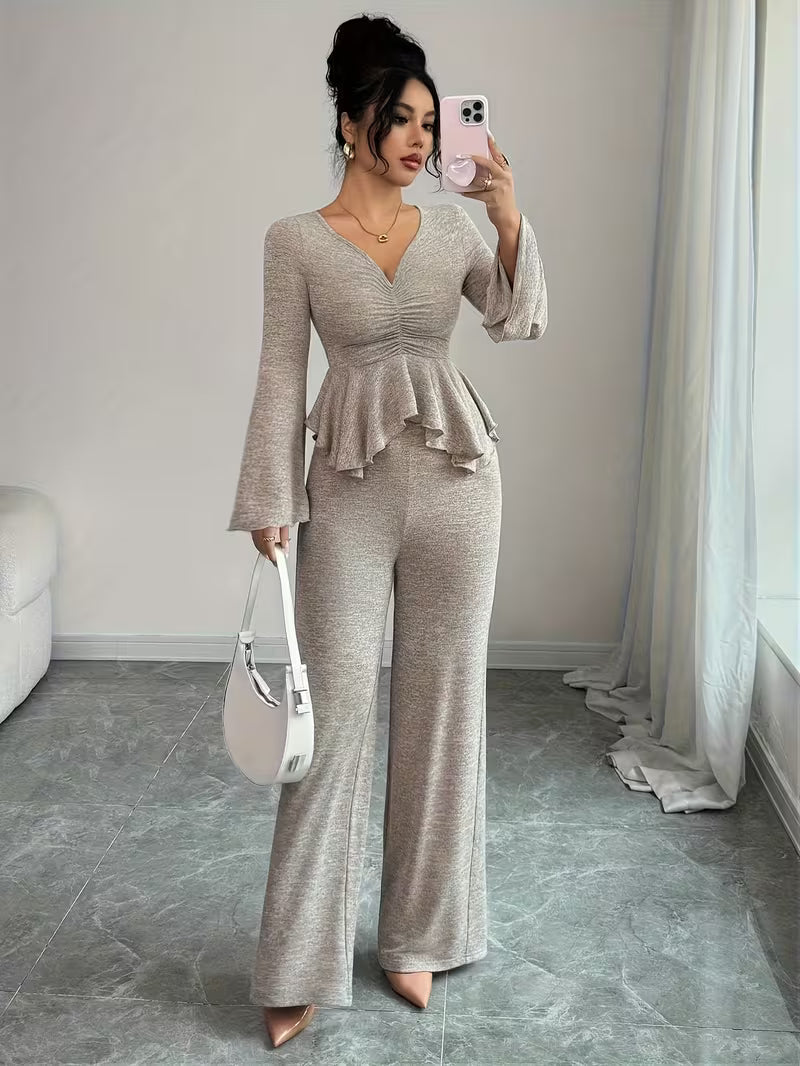 Aria Peplum Set – Ruched Top & Wide-Leg Pants