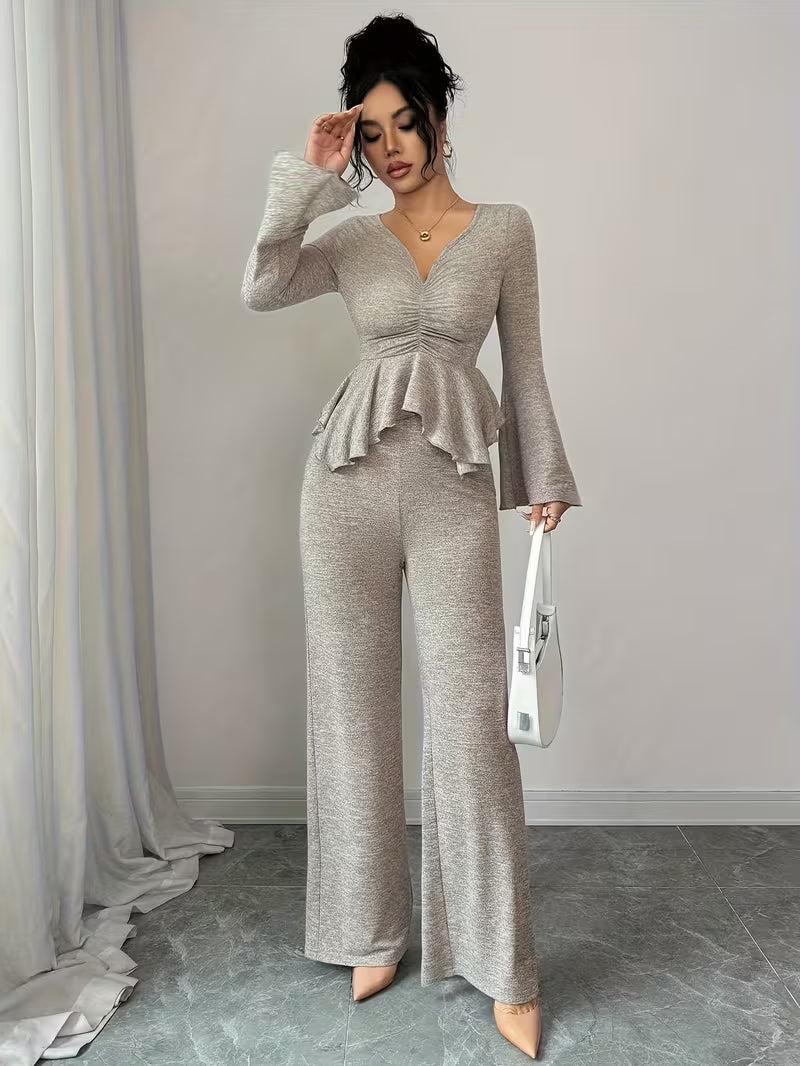 Aria Peplum Set – Ruched Top & Wide-Leg Pants