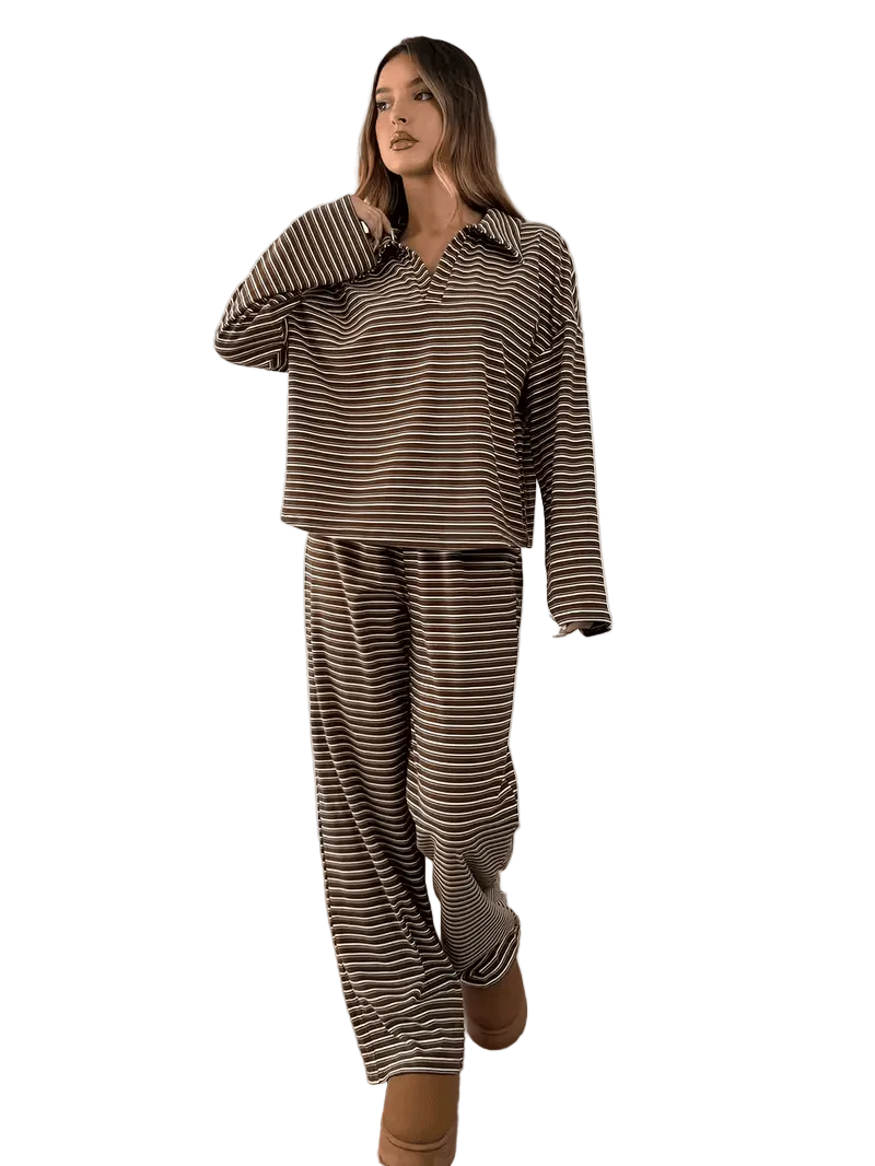 Noelle Striped Lounge Set – Collared Top & Relaxed Pants