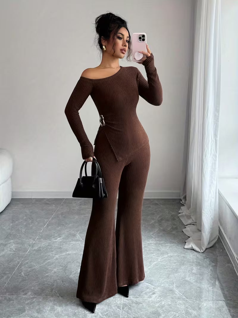 Serena Ribbed Set – Asymmetric Top & Flared Pants