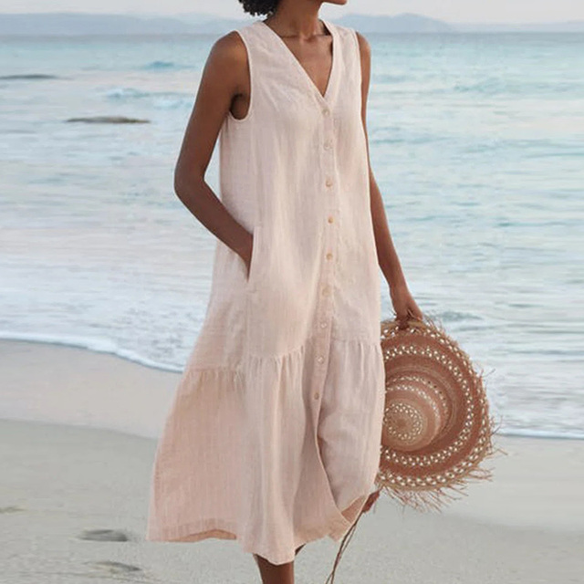 THALIA | Robe midi élégante sans manches couvrant le ventre