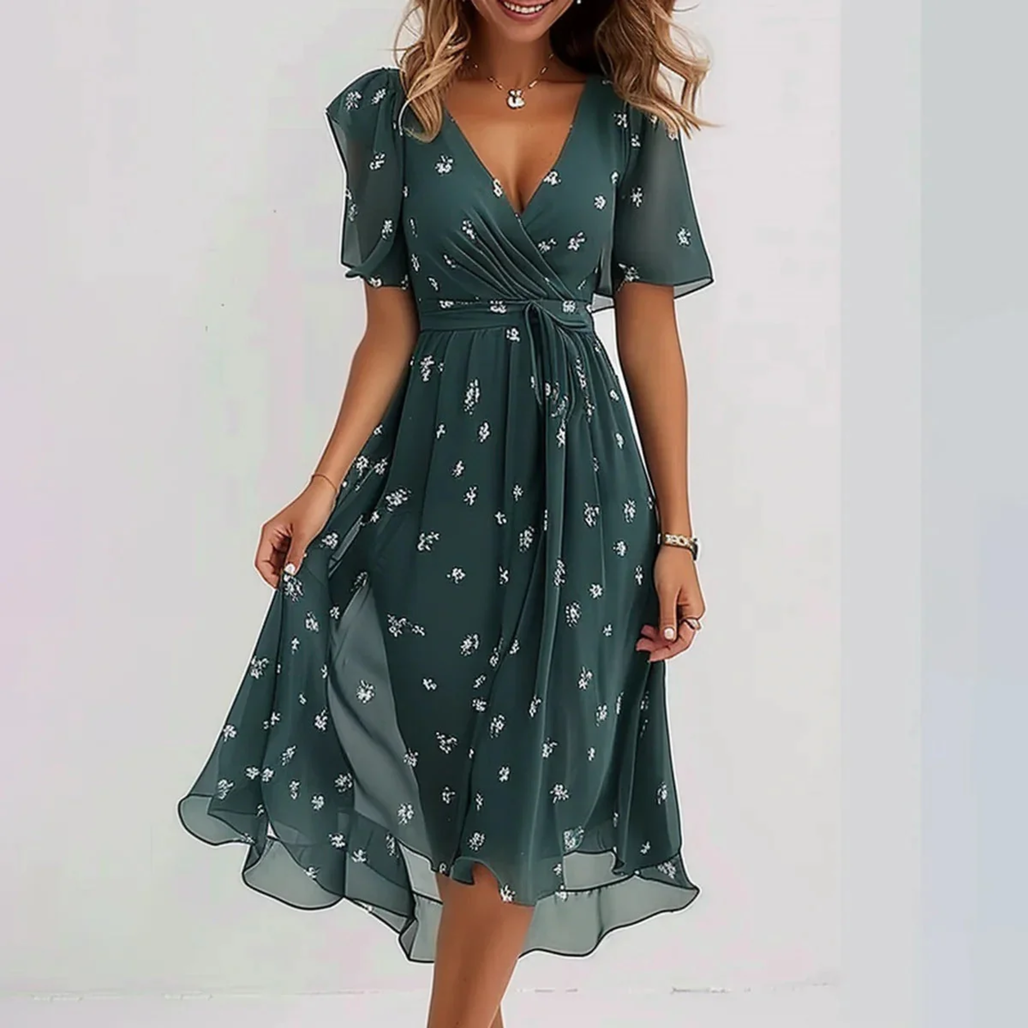 MATILDA | Robe midi portefeuille fleurie avec couverture ventre  