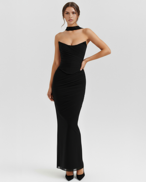 MALARA – SCULPTED CORSET MAXI DRESS WITH NECK DETAIL