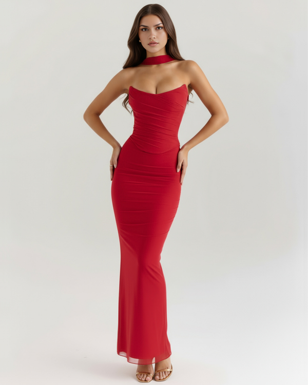 MALARA – SCULPTED CORSET MAXI DRESS WITH NECK DETAIL