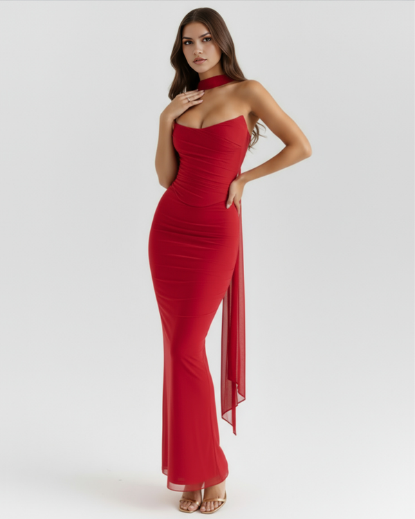 MALARA – SCULPTED CORSET MAXI DRESS WITH NECK DETAIL