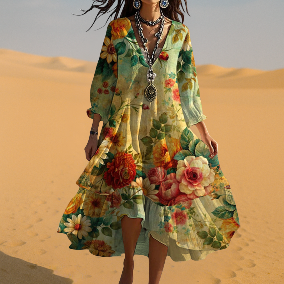 HALLIE | Robe midi fleurie élégante avec couverture ventre  