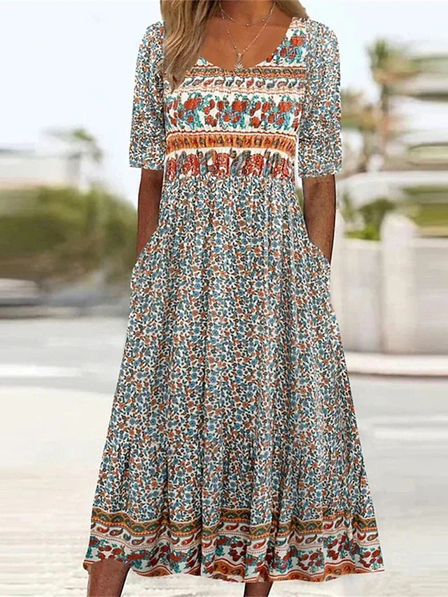 MARIA | BOHO PRINT MIDI DRESS WITH ELEGANT TUMMY COVERAGE