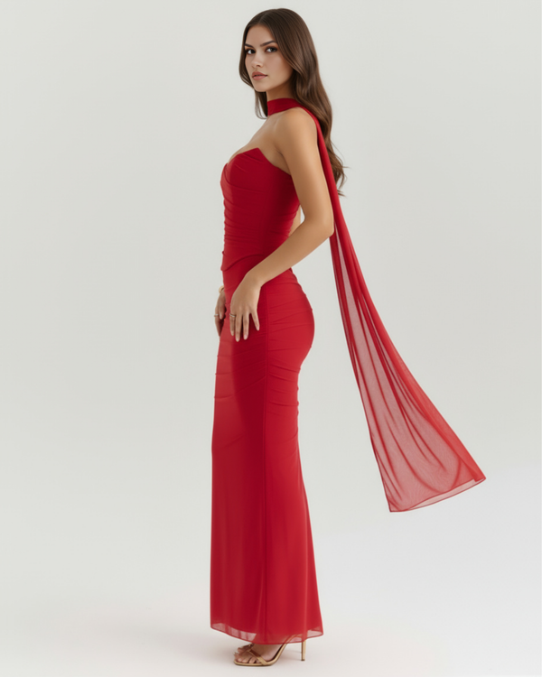 MALARA – SCULPTED CORSET MAXI DRESS WITH NECK DETAIL