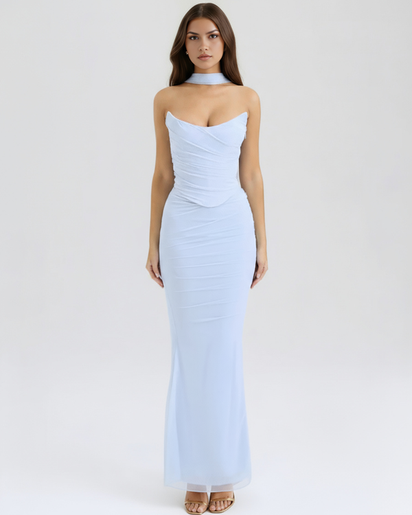 MALARA – SCULPTED CORSET MAXI DRESS WITH NECK DETAIL
