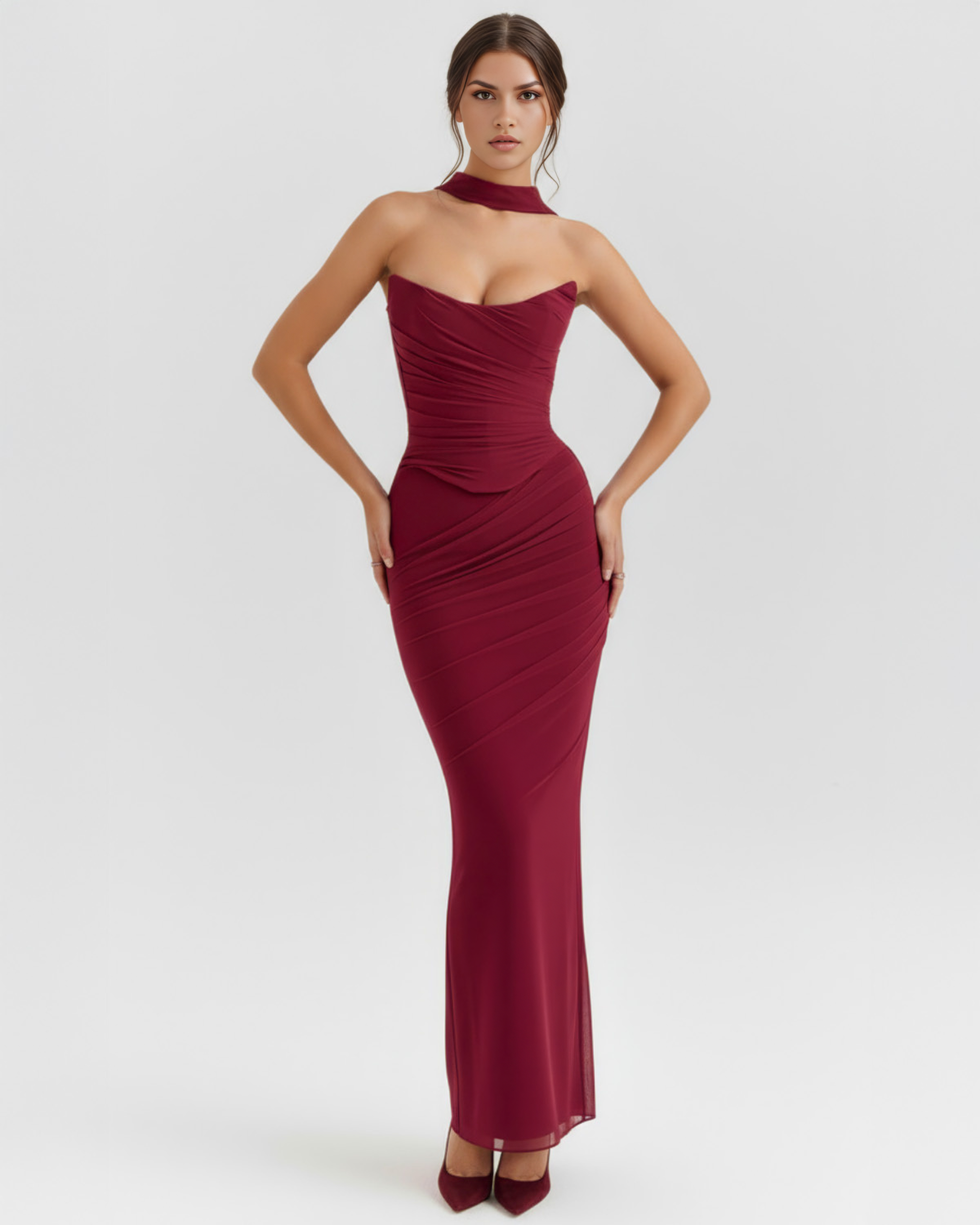 MALARA – SCULPTED CORSET MAXI DRESS WITH NECK DETAIL