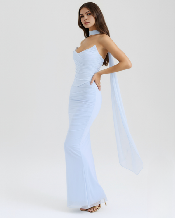 MALARA – SCULPTED CORSET MAXI DRESS WITH NECK DETAIL
