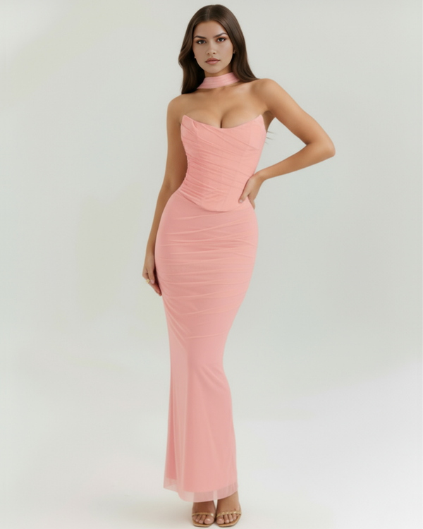 MALARA – SCULPTED CORSET MAXI DRESS WITH NECK DETAIL