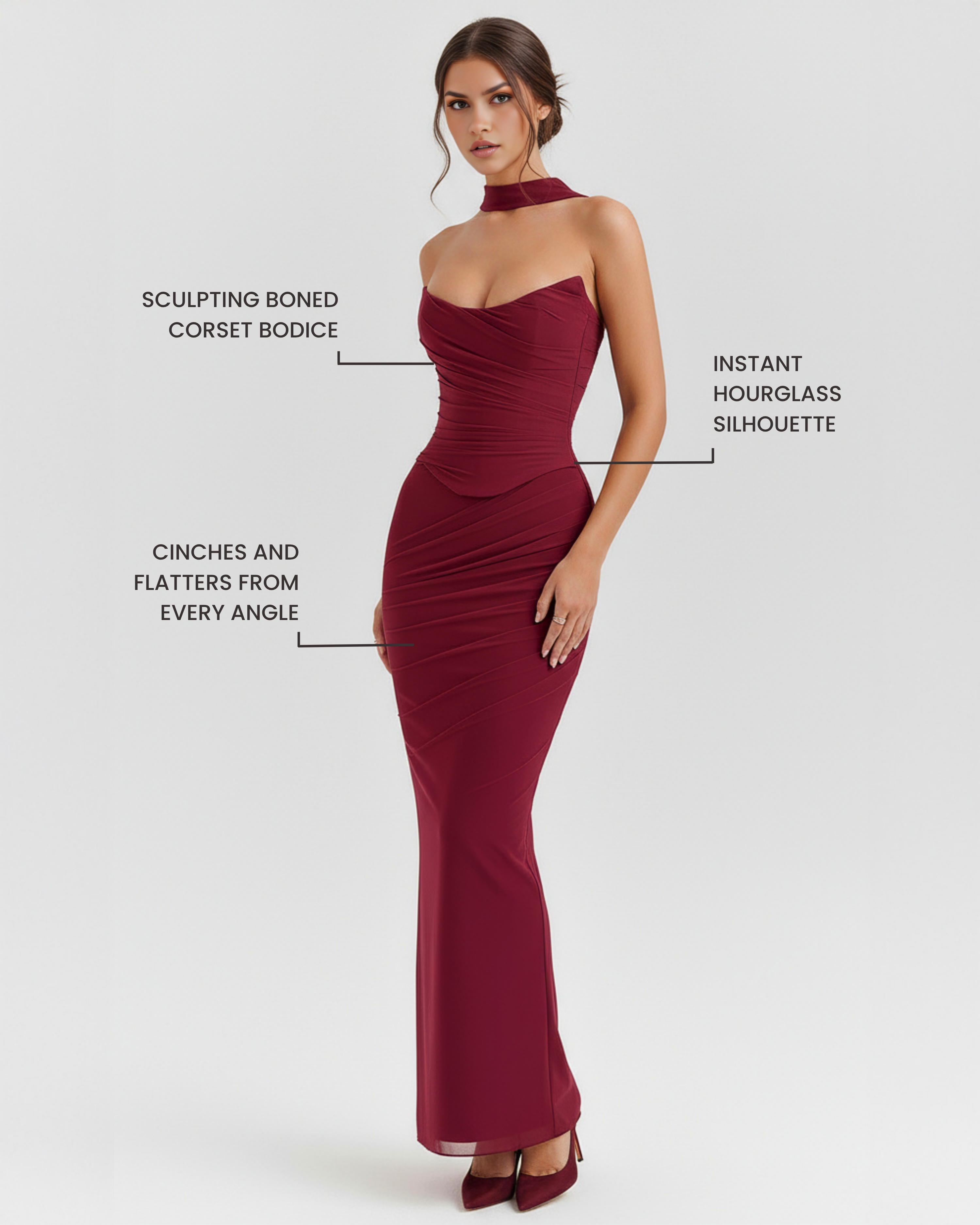 MALARA – MAXIKLEID MIT SKULPTURIERTEM KORSETT UND HALSDETAILS 