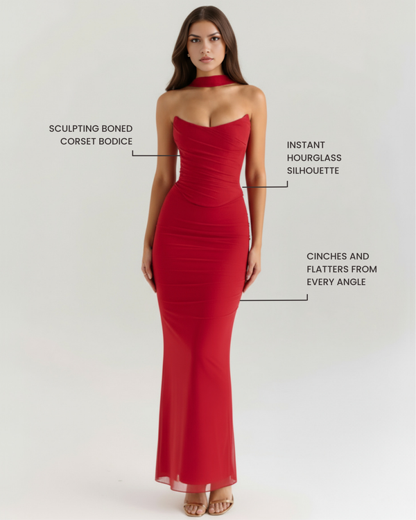 MALARA – SCULPTED CORSET MAXI DRESS WITH NECK DETAIL