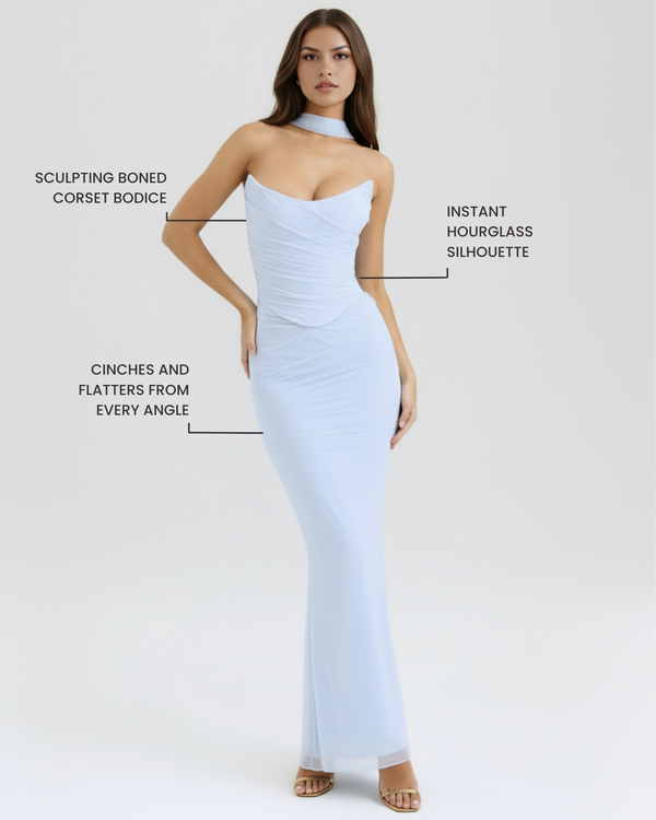 MALARA – SCULPTED CORSET MAXI DRESS WITH NECK DETAIL