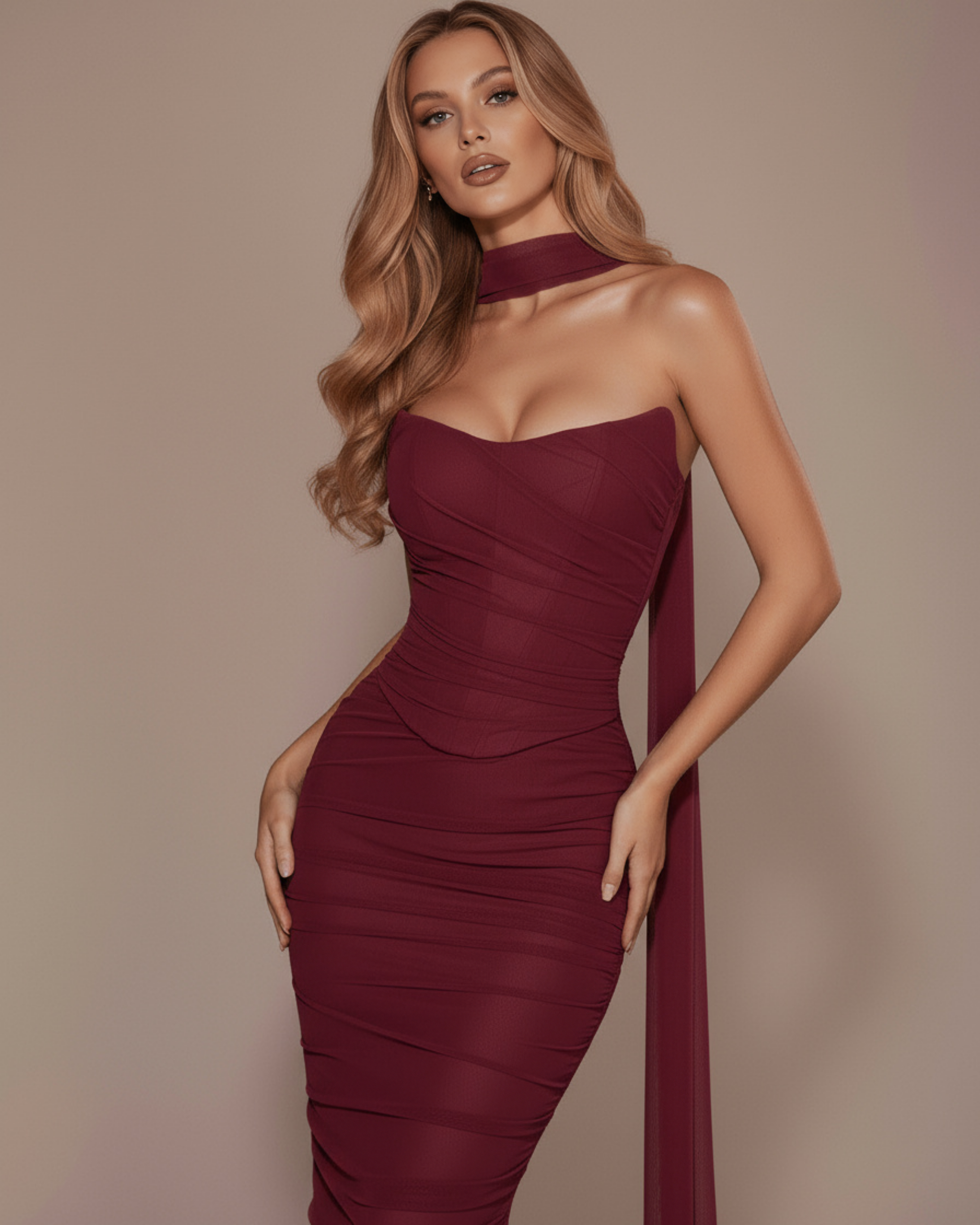 MALARA – SCULPTED CORSET MAXI DRESS WITH NECK DETAIL
