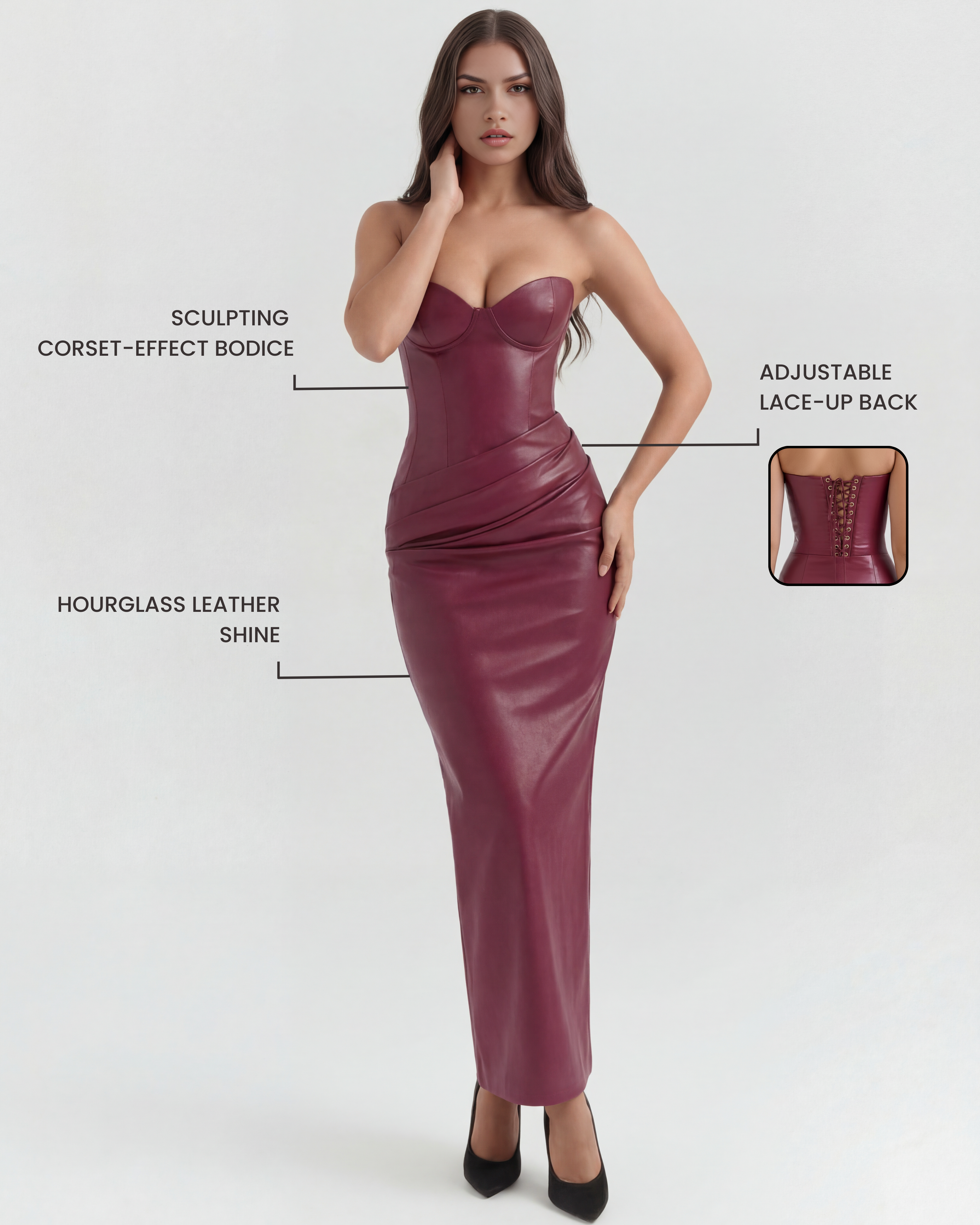 VANARA – SCULPTED STRAPLESS CORSET MIDI DRESS