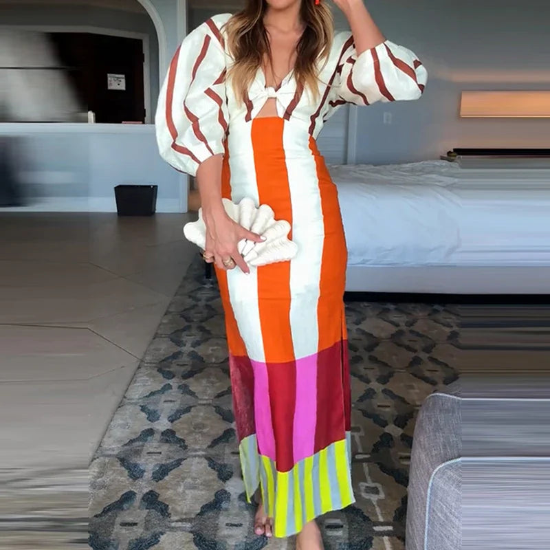 Riviera Stripes Maxikleid mit Puffärmeln