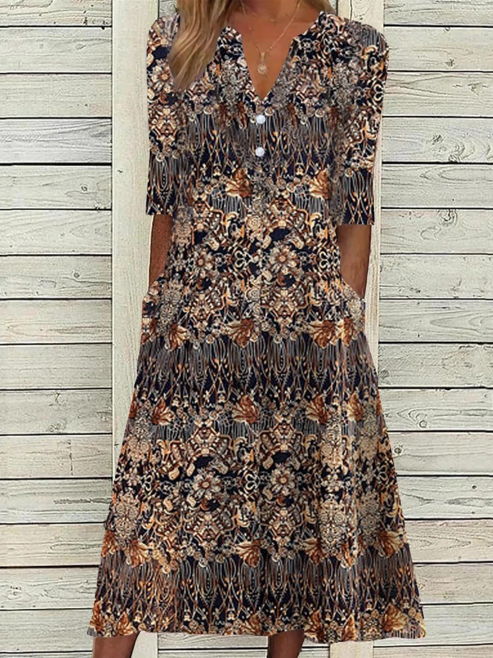 MINDY | ROBE MIDI IMPRIMÉE ÉLÉGANTE AVEC COUVERTURE DU VENTRE