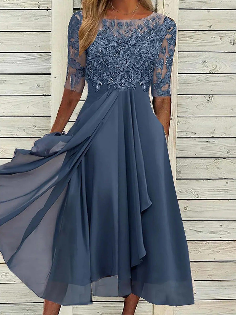SOFIA | ROBE MIDI BLEUE ÉLÉGANTE AVEC COUVERTURE DU VENTRE