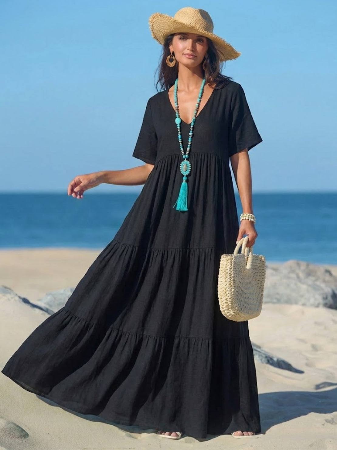 AMBER | ROBE MAXI À NIVEAUX ÉLÉGANTE AVEC COUVERTURE DU VENTRE