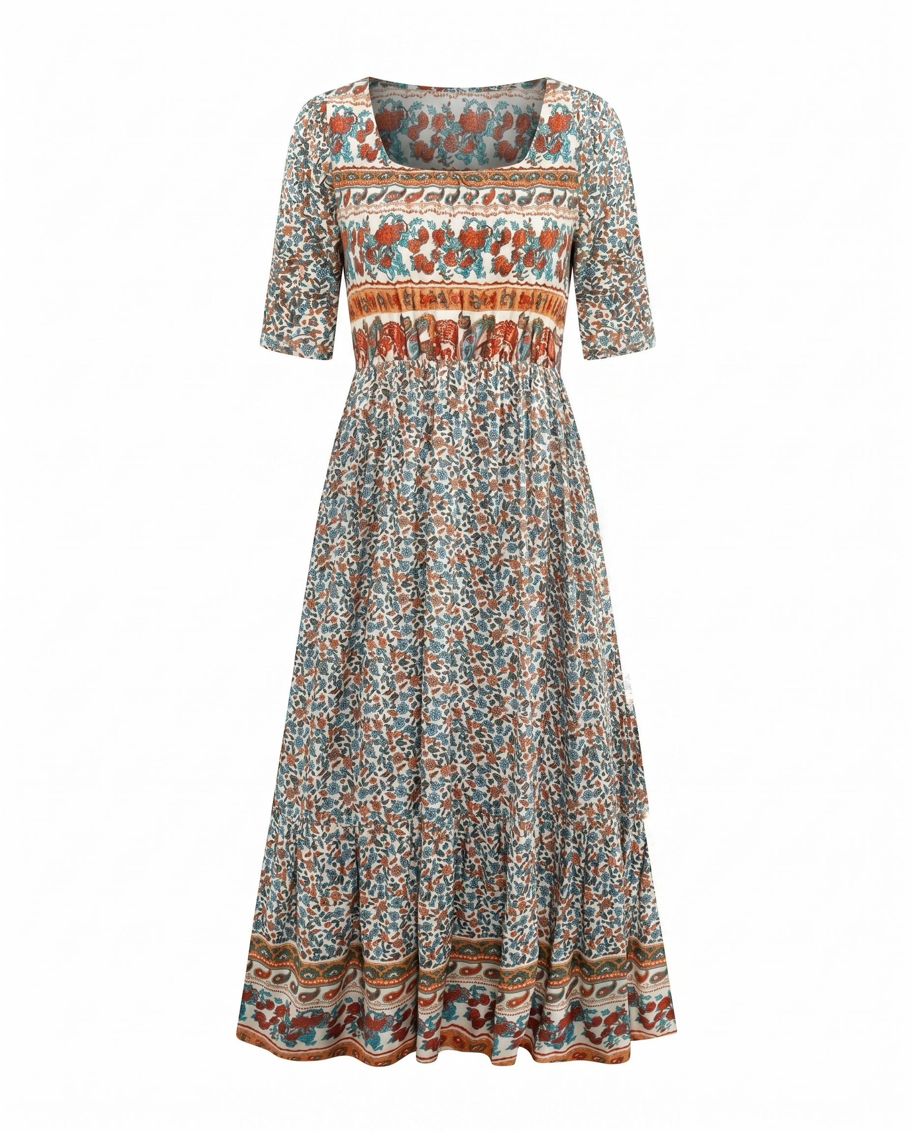 MARIA | Robe midi imprimée bohème avec couverture ventre élégante  