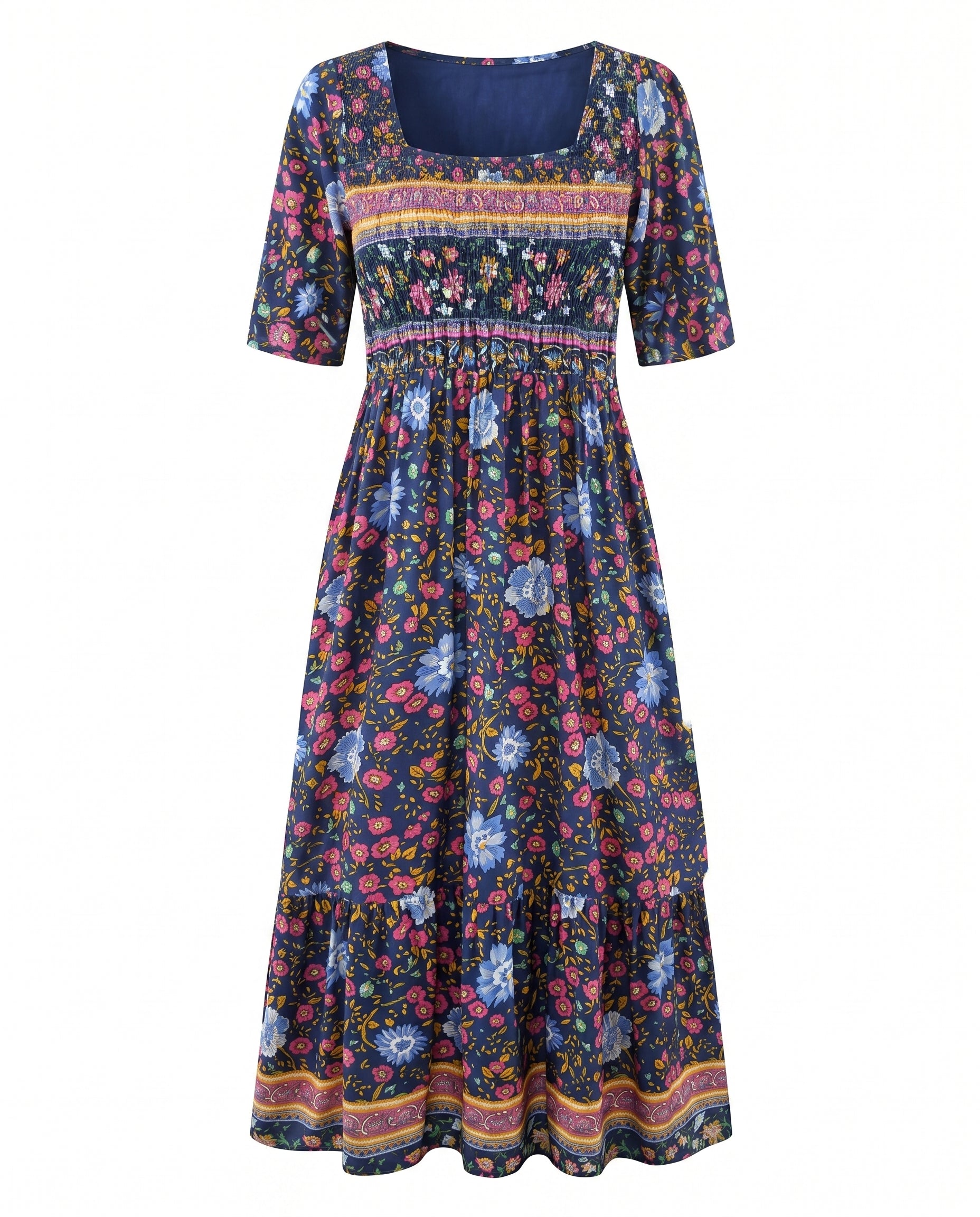 MARIA | Robe midi imprimée bohème avec couverture ventre élégante  