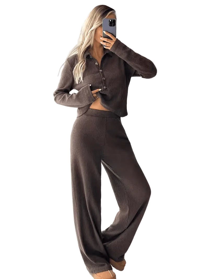 Elara Ribbed Lounge Set – Button Top & Wide-Leg Pants