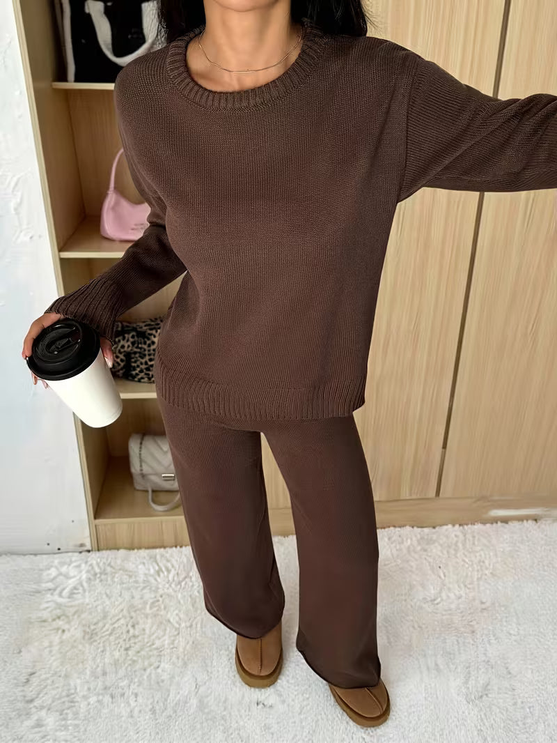 Sienna Knit Lounge Set – Relaxed Top & Wide-Leg Pants