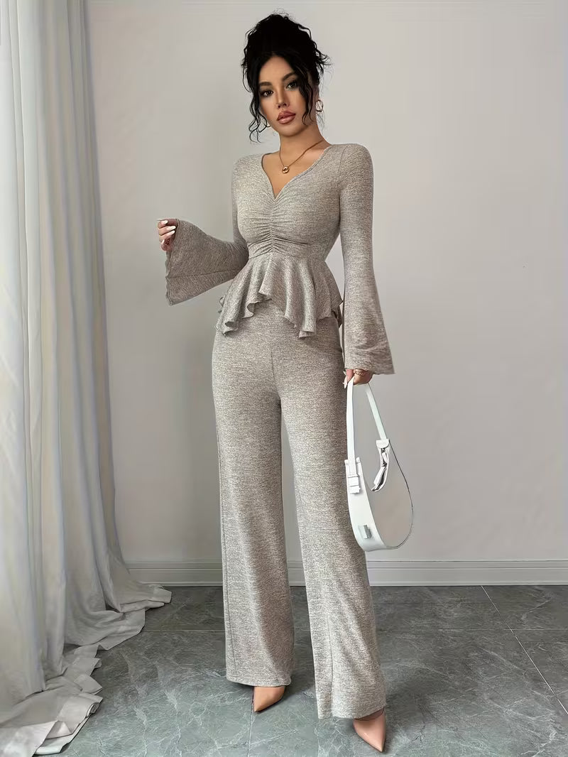 Aria Peplum Set – Ruched Top & Wide-Leg Pants