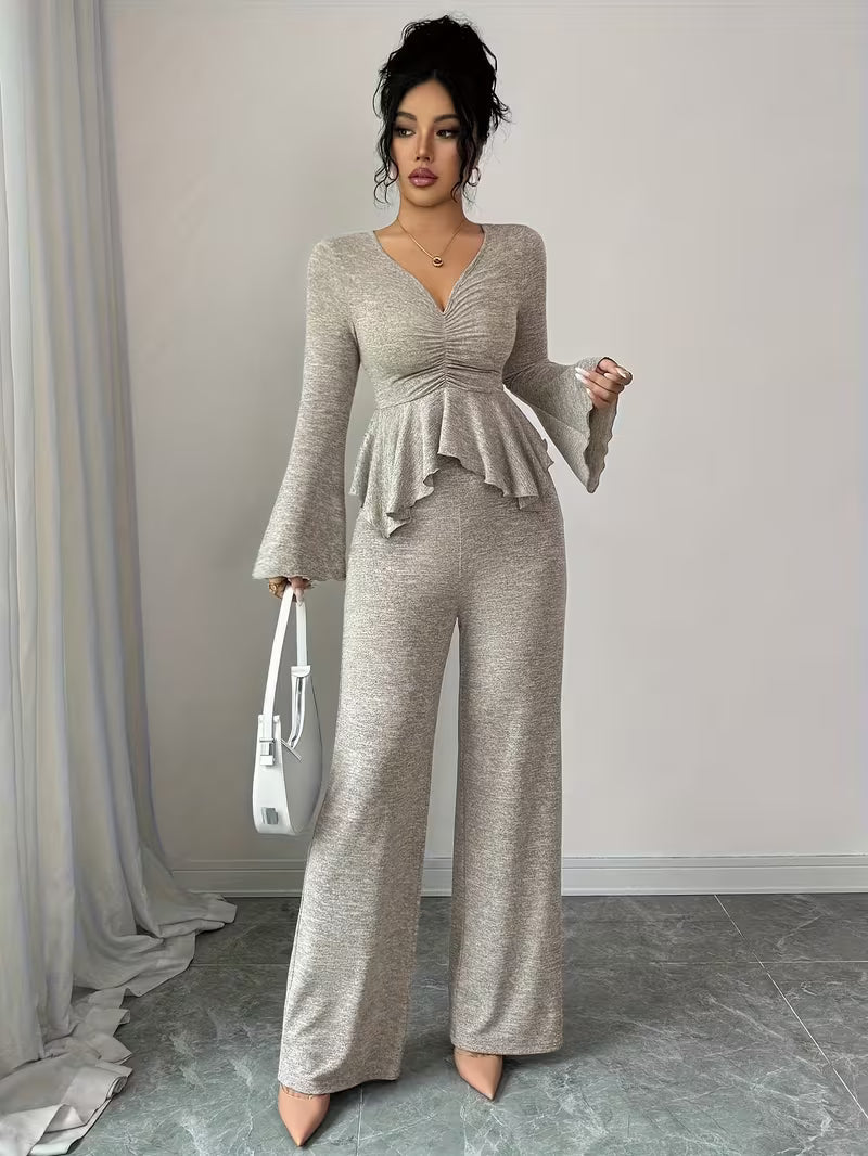 Aria Peplum Set – Ruched Top & Wide-Leg Pants