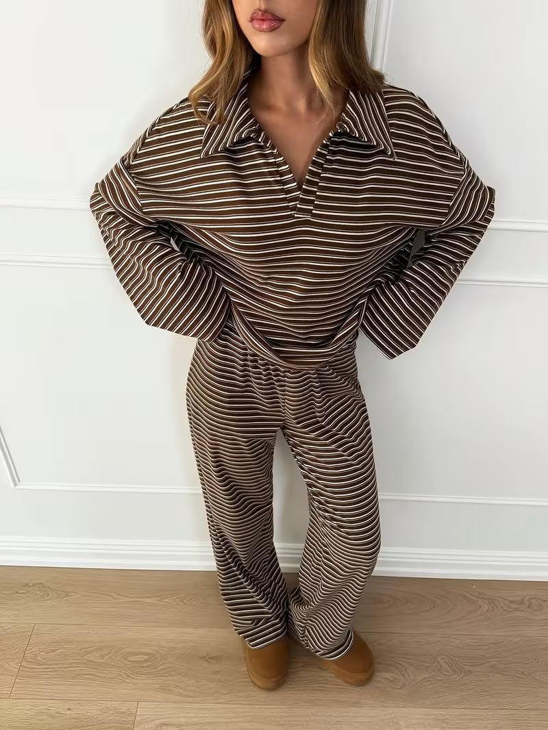 Noelle Striped Lounge Set – Collared Top & Relaxed Pants