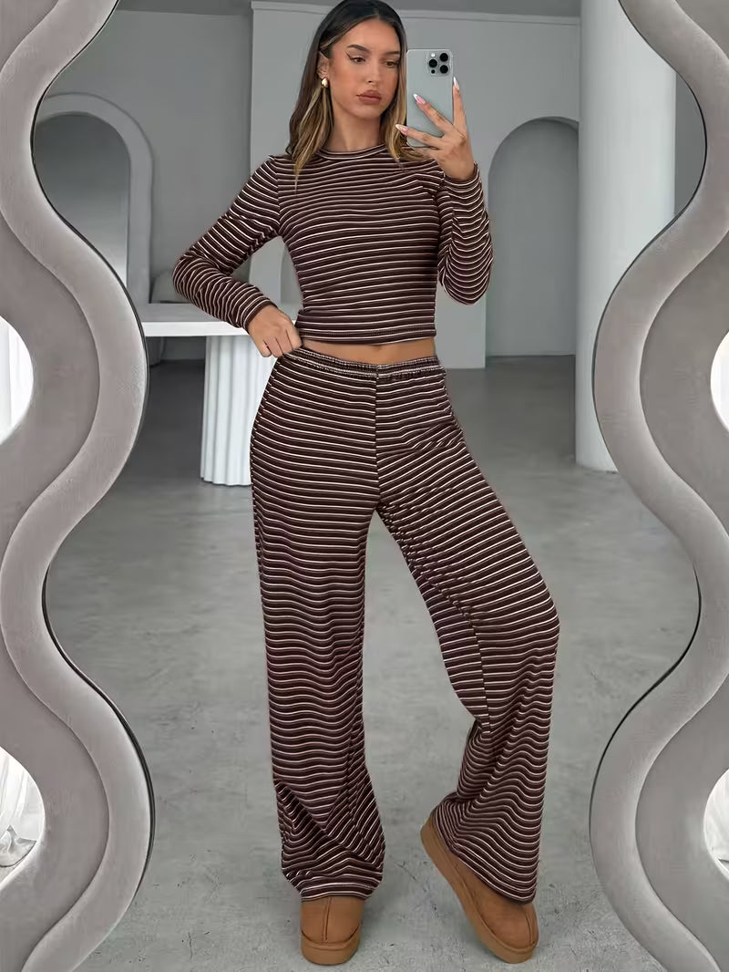 Mila Striped Lounge Set – Cropped Top & Wide-Leg Pants