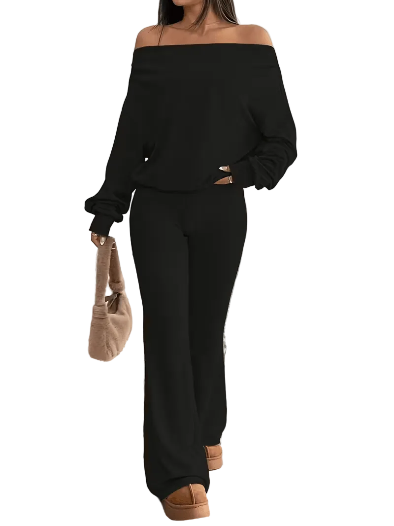 Livia Off-Shoulder Lounge Set – Relaxed Top & Straight-Leg Pants