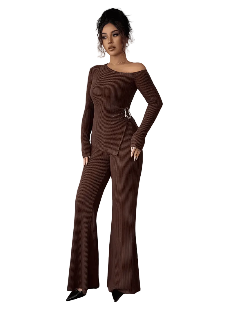 Serena Ribbed Set – Asymmetric Top & Flared Pants