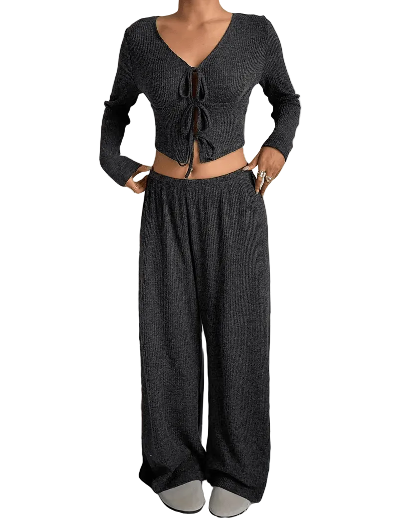 Elise Ribbed Lounge Set – Tie-Front Top & Wide-Leg Pants